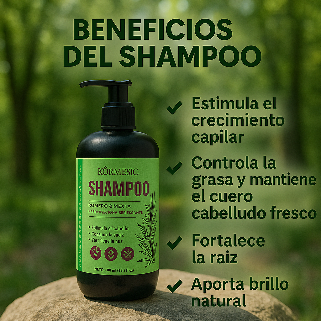 Shampoo Romero Mentolado KORMESIC ¡Activa el crecimiento, frena la caída y refresca tu cuero cabelludo!